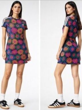 adidas x FARM Rio Slim Dress Medium Cotton Vibrant Floral EUC